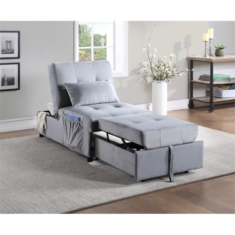 Pemberly Row Velvet Convertible Storage Bench with Pull-Out Ottoman in Gray