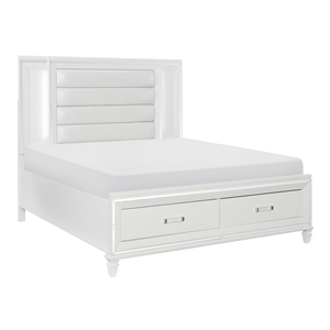 Pemberly Row Queen Platform Bed with LED Lighting and Storage Footboard in White