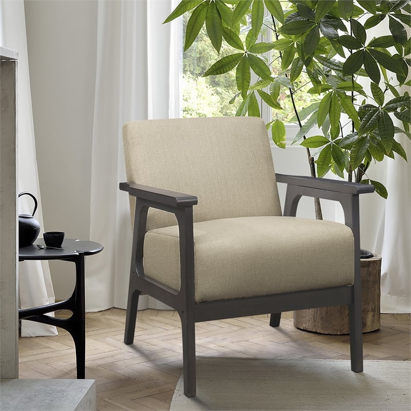 Pemberly Row Rubberwood Textured Fabric Brown Accent Chair with Gray Frame