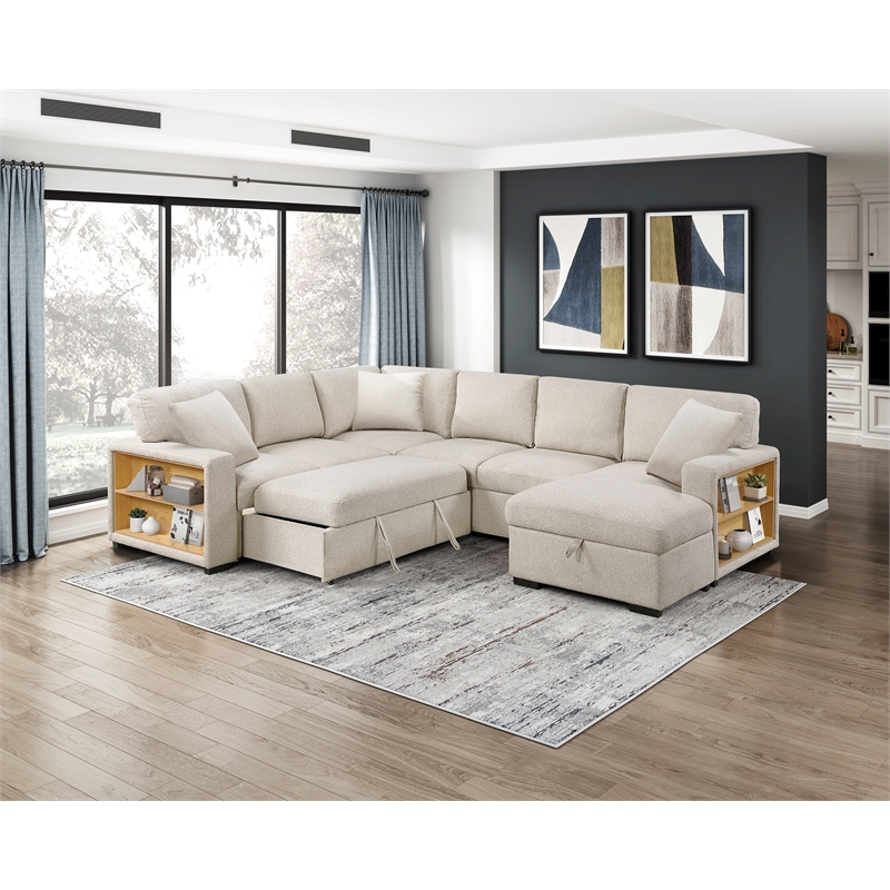 Pemberly Row Boucle Sectional with Right Chaise Pull-Out Bed and USB in Beige