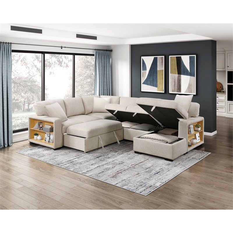Pemberly Row Boucle Sectional with Right Chaise Pull-Out Bed and USB in Beige