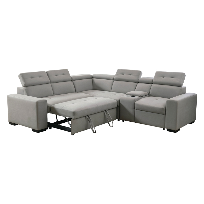Pemberly Row Polished Microfiber 3-Pc Sectional with Pull-Out Bed in Light Gray