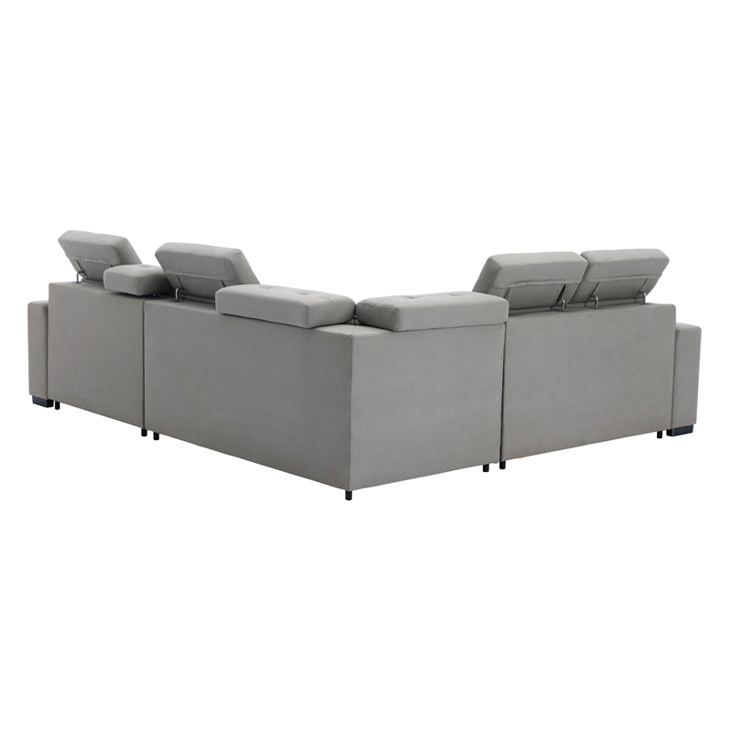 Pemberly Row Polished Microfiber 3-Pc Sectional with Pull-Out Bed in Light Gray