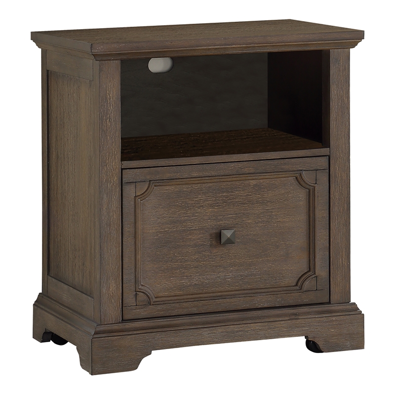Pemberly Row Acacia Veneer Lateral File Cabinet with Casters in Dark Oak