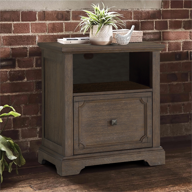 Pemberly Row Acacia Veneer Lateral File Cabinet with Casters in Dark Oak