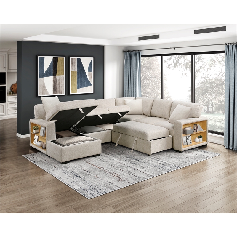Pemberly Row Boucle Sectional with Left Chaise Pull-Out Bed & USB Ports in Beige