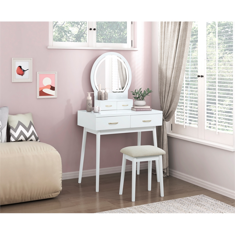 Pemberly Row Vanity Dresser Set with LED Mirror 4 Drawers and Stool in White