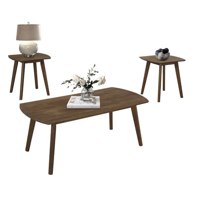 Pemberly Row 3-Piece Rubberwood Coffee Table and End Table Set in Walnut