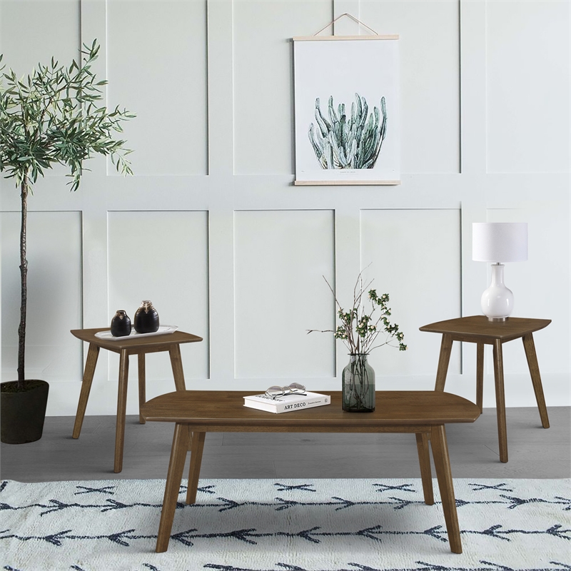 Pemberly Row 3-Piece Rubberwood Coffee Table and End Table Set in Walnut