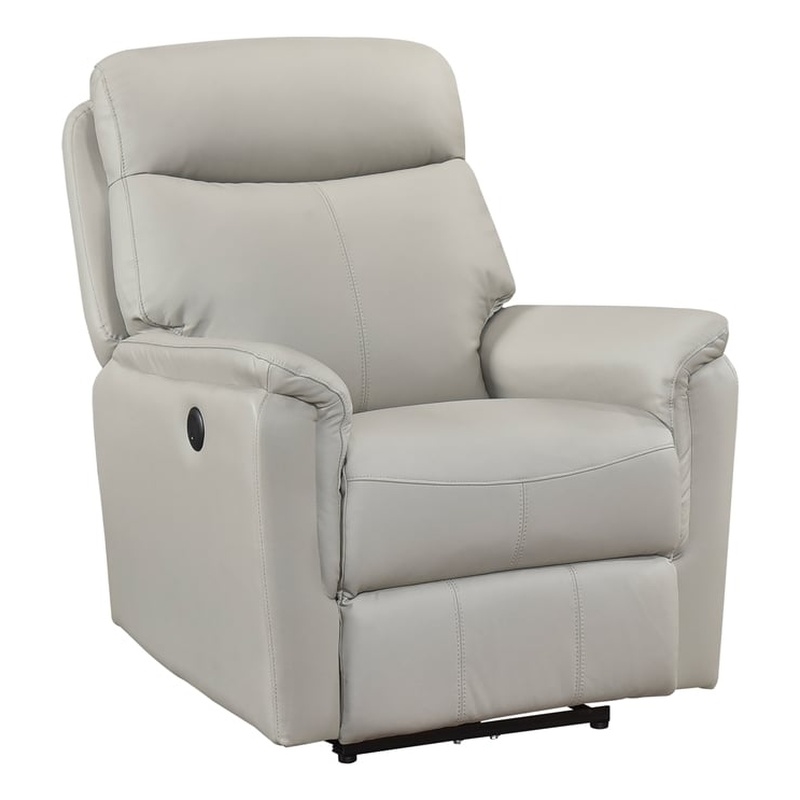 Pemberly Row Top Grain Leather Power Reclining Chair with USB Port in Light Gray