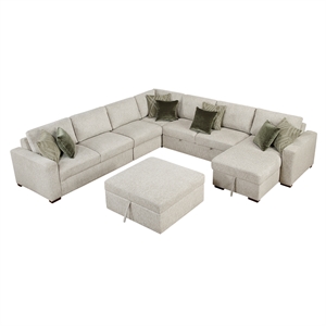Pemberly Row 6-Pc Microfiber Sectional with Pull-Out Bed & Ottoman in Sage Sand