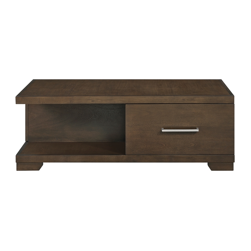 Pemberly Row Mango Wood Cocktail Table with Storage Drawer & Casters in Espresso