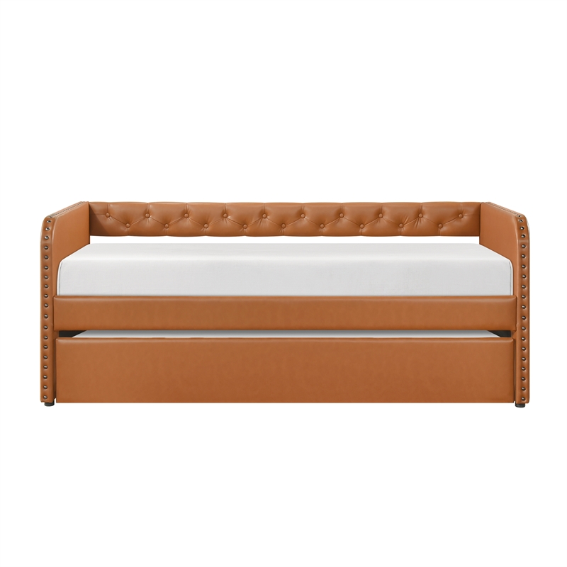 Pemberly Row Faux Leather Button-Tufted Daybed with Pull-Out Trundle in Brown