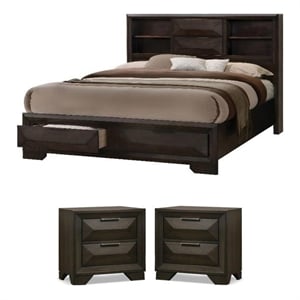 Pemberly Row Queen Bed and 2 Nightstands Set in Espresso Finish