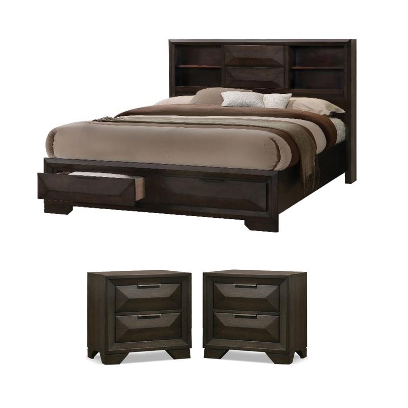 Pemberly Row King Bed with Bookcase Headboard & 2 Nightstands Set