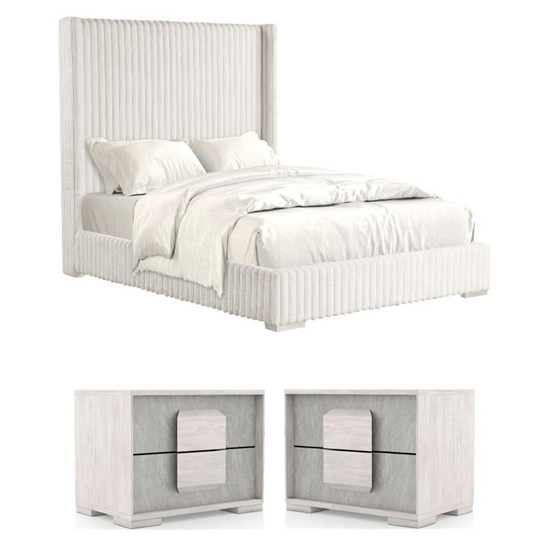 Pemberly Row Bedroom Set of 2 Nightstands and Full Bed in Washed White