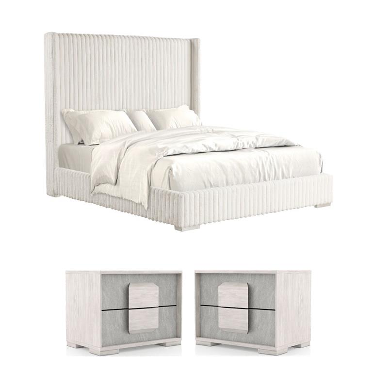 Pemberly Row Bedroom Set of 2 Nightstands & Queen Bed in Washed White