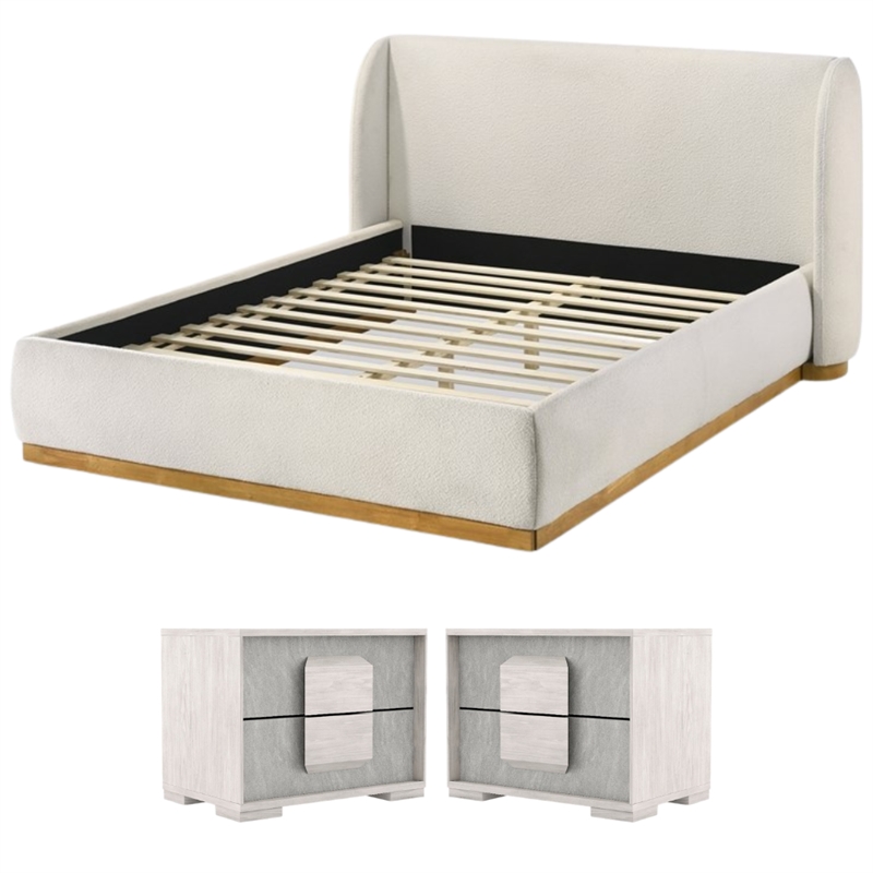 Pemberly Row Bedroom Set of 2 Nightstands and Queen Upholstered Bed