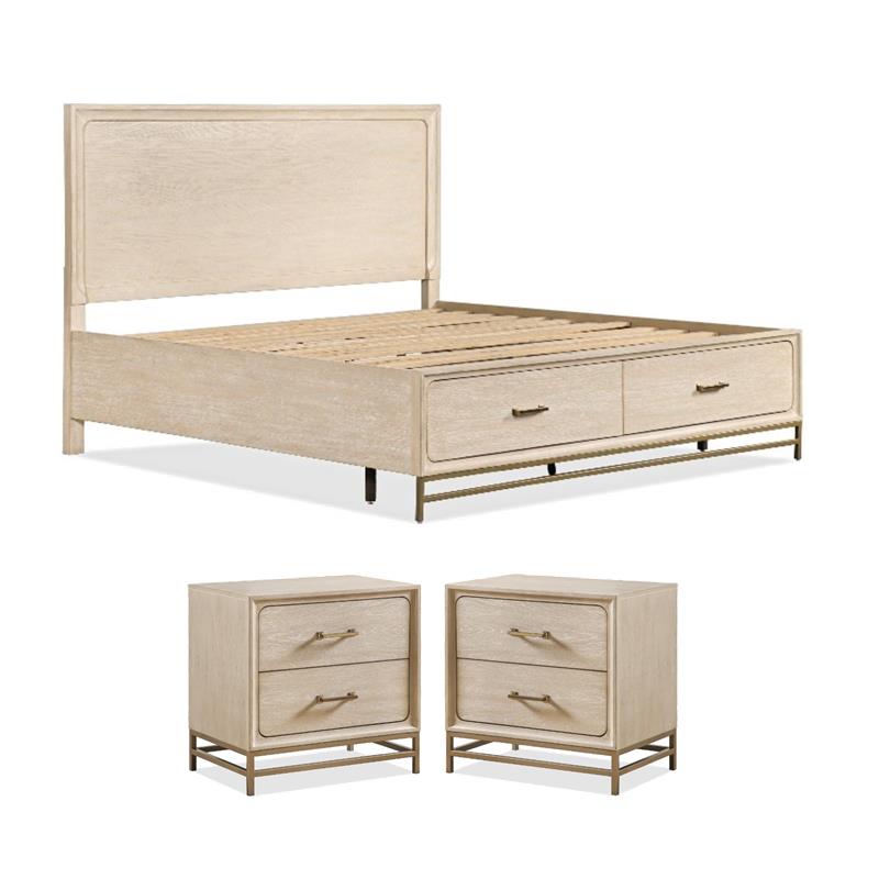 Pemberly Row Bedroom Set of 2 Nightstands and Queen Bed in Light Oak