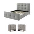 Pemberly Row Bedroom Set of 2 Nightstands and Tufted Fabric King Bed