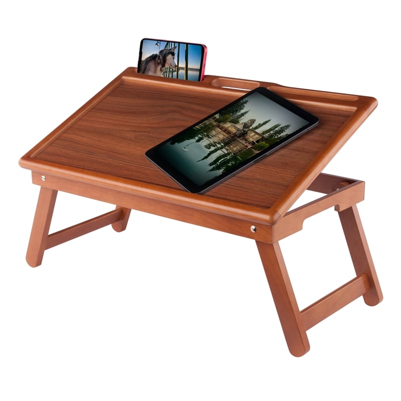 Pemberly Row Arlo Breakfast Tray with Flip Top in Teak Finish