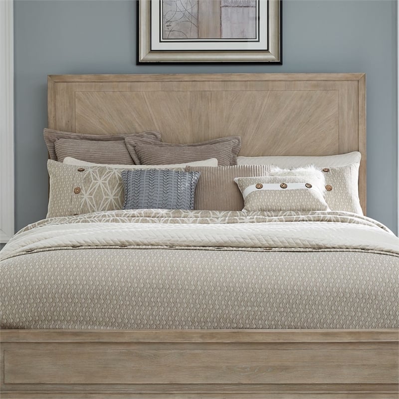 Pemberly Row Queen Panel Headboard with Sunburst Veneer Pattern in Brown