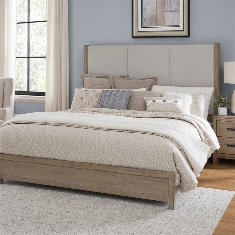 Pemberly Row King Upholstered Panel Headboard with Wood Accents in Brown