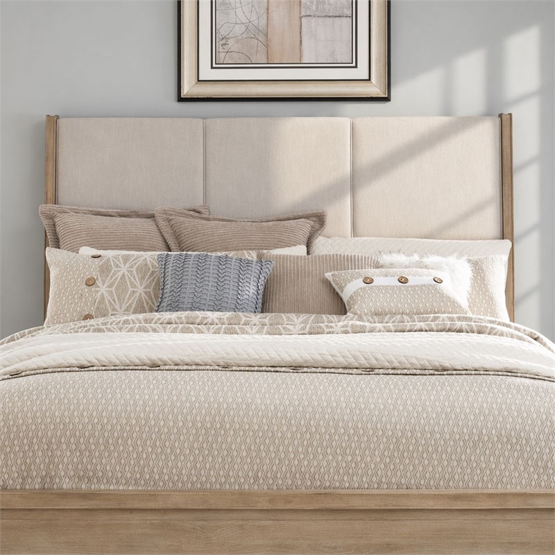 Pemberly Row King Upholstered Panel Headboard with Wood Accents in Brown