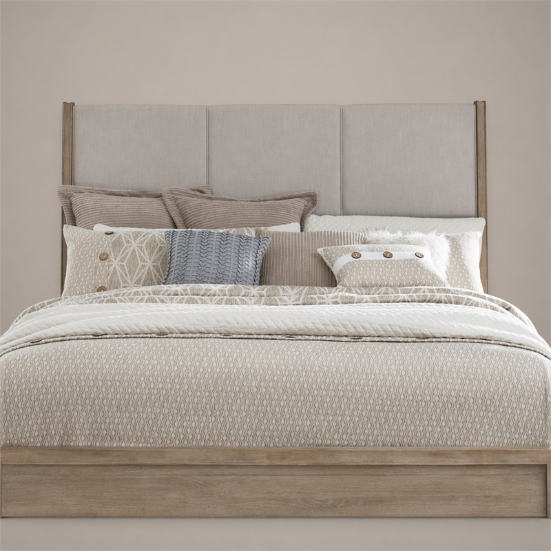 Pemberly Row King Upholstered Panel Headboard with Wood Accents in Brown
