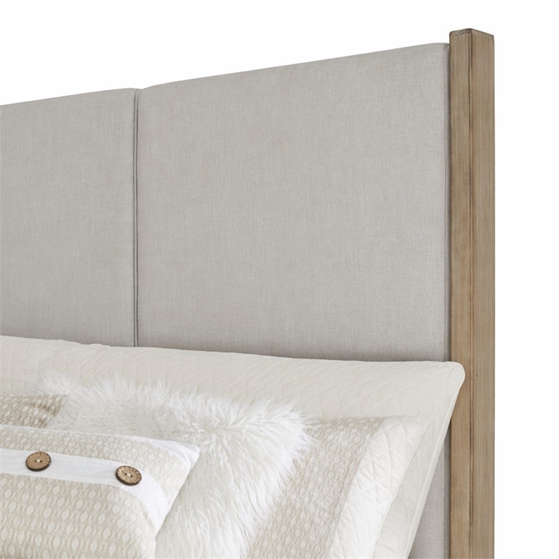 Pemberly Row King Upholstered Panel Headboard with Wood Accents in Brown