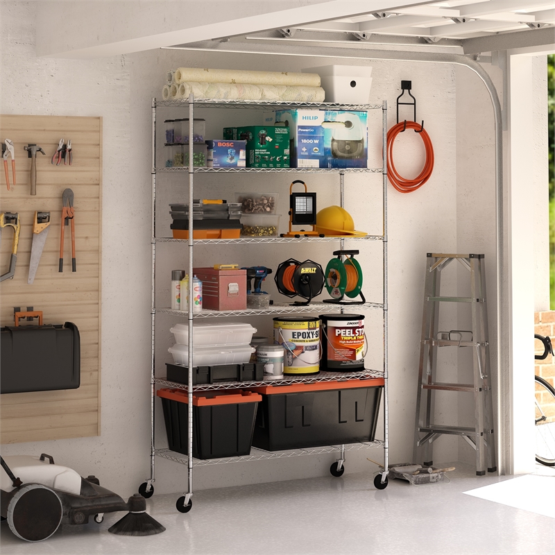 Pemberly Row 6-Tier Adjustable Steel Standing Storage Shelf in Chrome