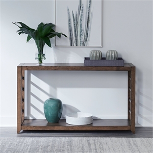 Pemberly Row Sofa Table with Open Slats and Bottom Shelf in Harvest Brown