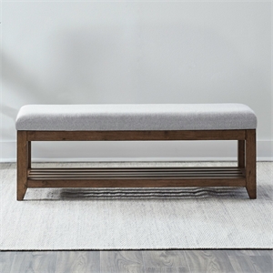 Pemberly Row Upholstered Dining Bench with Open Slatted Shelf in Harvest Brown