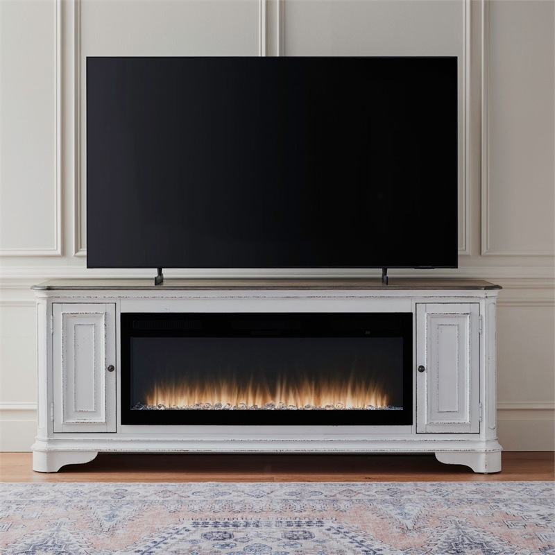Pemberly Row 82 Inch TV Console with Firebox and Rounded Pilasters in Brown