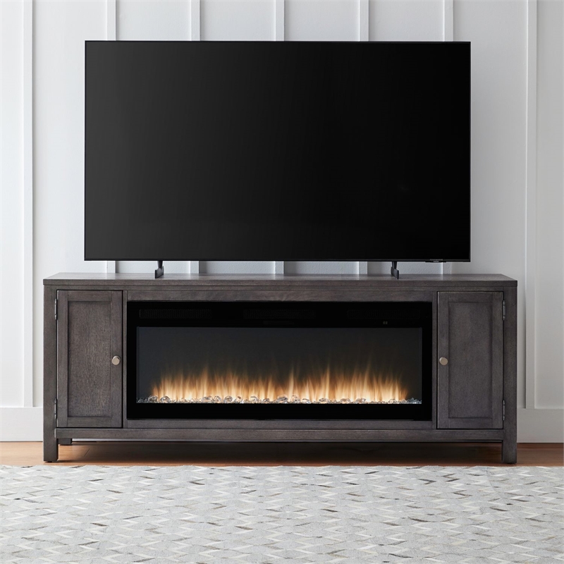 Pemberly Row 78 Inch TV Console with Firebox and Heavy Distressing in Brown