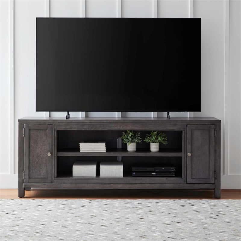 Pemberly Row 78 Inch Fireplace TV Console with Washed Brass Hardware in Brown