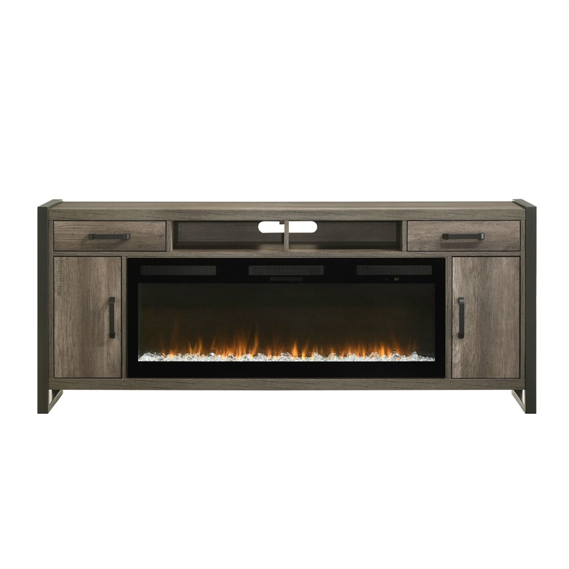 Pemberly Row 78 Inch TV Console with Firebox and Dark Pewter Frame in Brown
