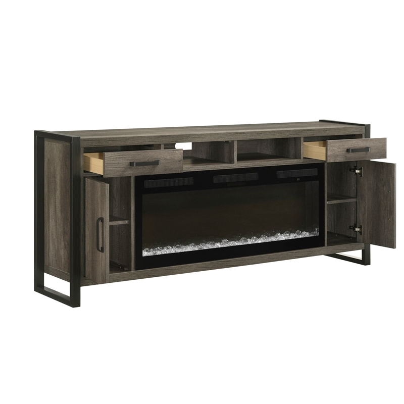 Pemberly Row 78 Inch TV Console with Firebox and Dark Pewter Frame in Brown