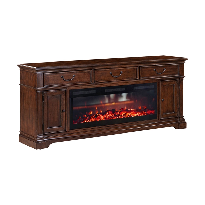 Pemberly Row 84 Inch TV Console with Firebox and Column Pilasters in Brown