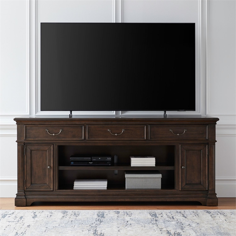Pemberly Row 84 Inch TV Console with Firebox and Column Pilasters in Brown