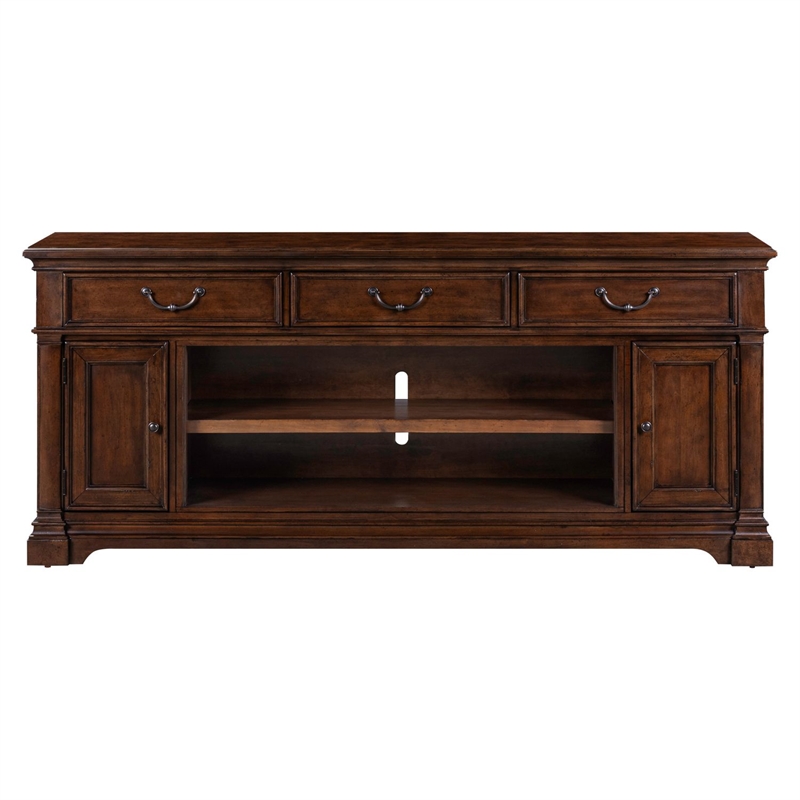 Pemberly Row 84 Inch TV Console with Firebox and Column Pilasters in Brown