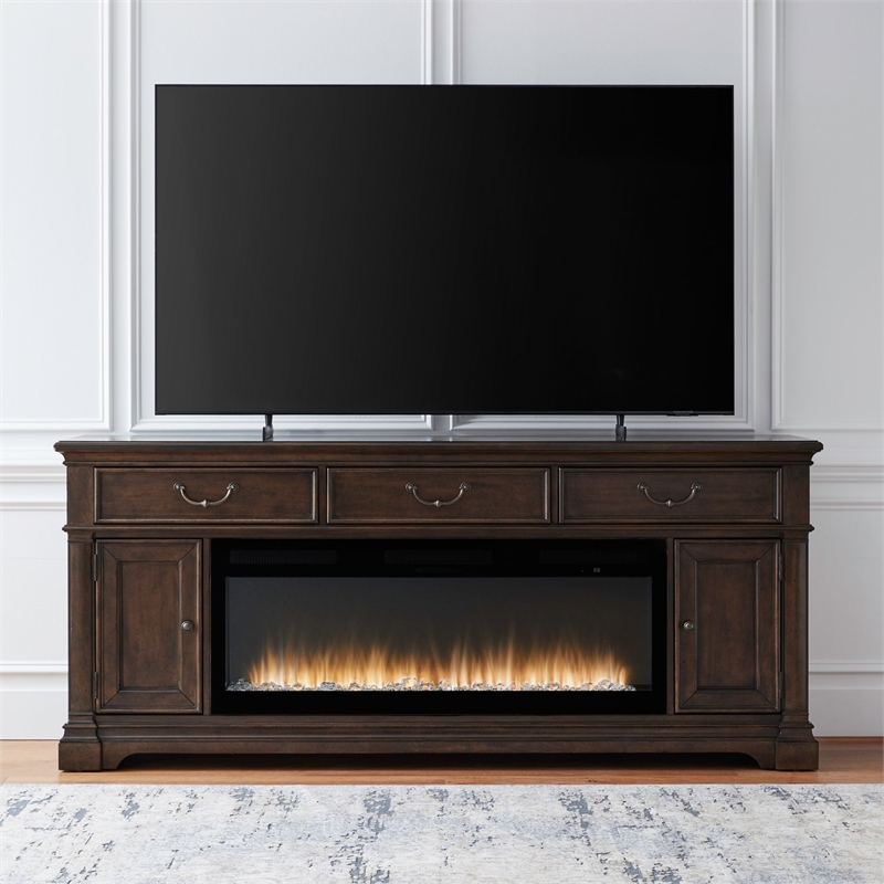 Pemberly Row 84 Inch TV Console with Firebox and Column Pilasters in Brown