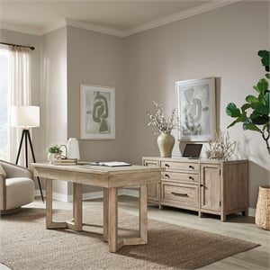 Pemberly Row 2 Piece Desk and Credenza Set with File Drawer in Brown