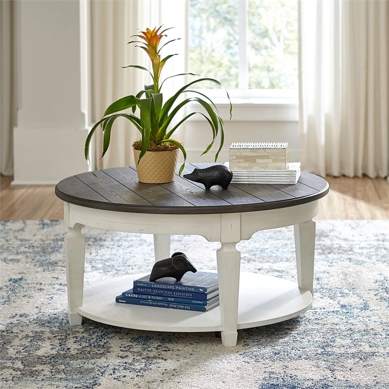 Pemberly Row Round Cocktail Table with Storage in Wirebrushed White Finish