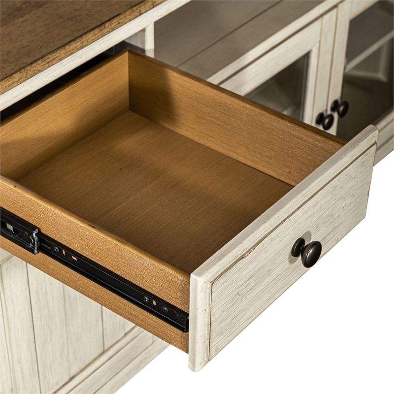 Pemberly Row 72 Inch TV Stand with Adjustable Shelving in Antique White Cottage