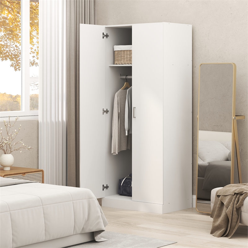 Pemberly Row Wardrobe Closet with Hanging Rod and Top Shelf in White