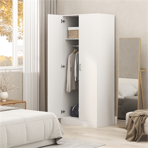 Pemberly Row Wardrobe Closet with Hanging Rod and Top Shelf in White