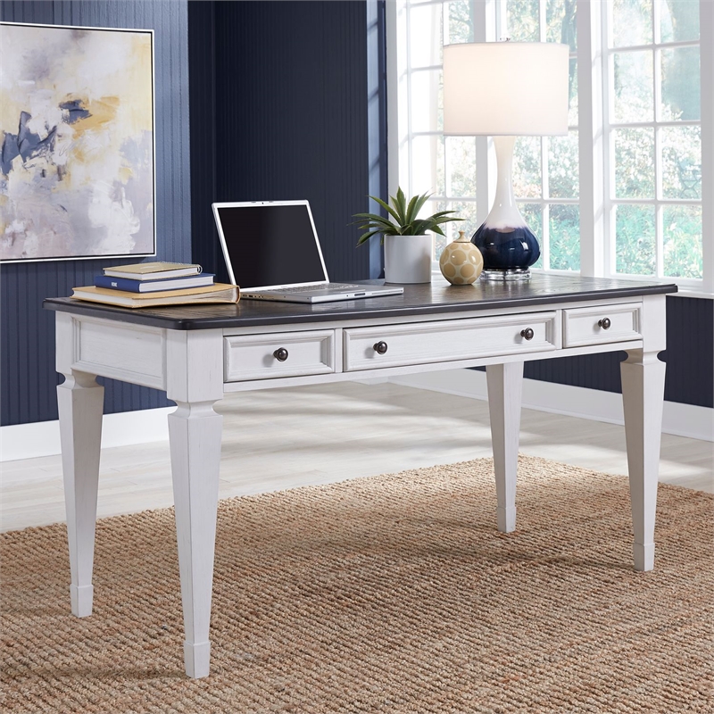 Pemberly Row Writing Desk with Keyboard Tray and Planked Top in White