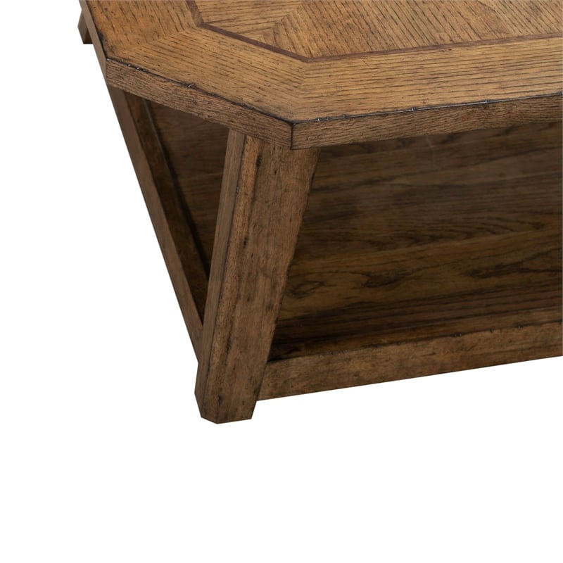 Pemberly Row Octagonal Cocktail Table with Fancy Face Veneer in Brown