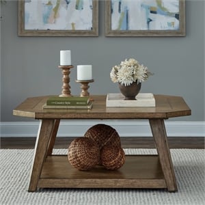 Pemberly Row Octagonal Cocktail Table with Fancy Face Veneer in Brown